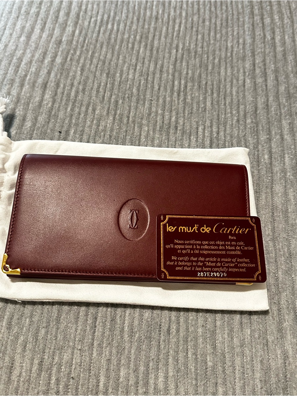 Cartier Burgundy Leather Long Wallet with Gold Corner Accents